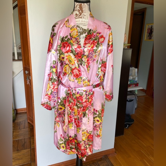 Other - Pink Floral Satin Robe with Tie, One Size Fits Most